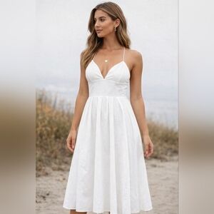 HHmei White Fit and Flare Cotton Dress With Spaghetti Straps and Full Skirt